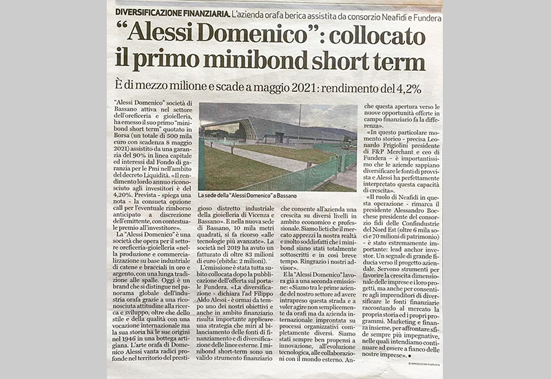 ALESSI DOMENICO - Alessi Domenico: the first short term minibond has been placed