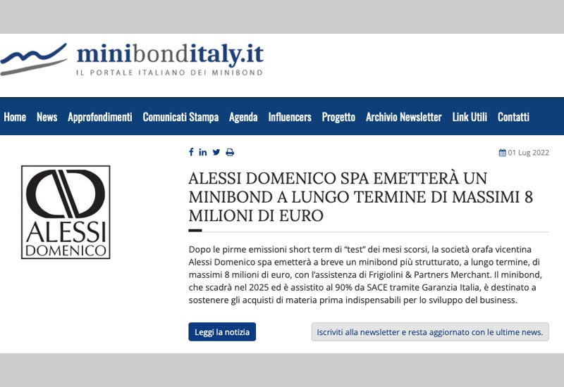 ALESSI DOMENICO - ALESSI DOMENICO SPA WILL ISSUE A LONG-TERM MINIBOND OF A MAXIMUM 8 MILLION EUROS