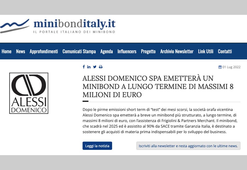 ALESSI DOMENICO - ALESSI DOMENICO SPA EMETTERÀ UN MINIBOND A LUNGO TERMINE DI MASSIMI 8 MILIONI DI EURO